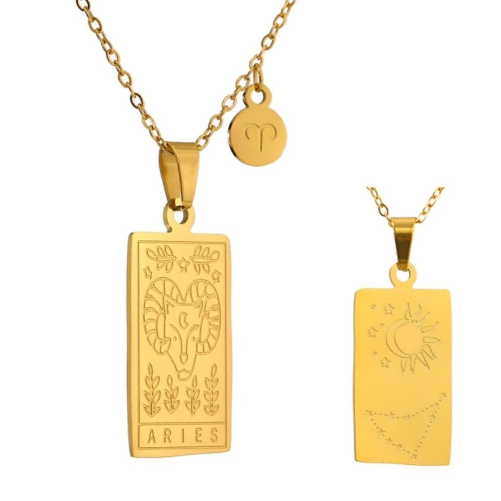 NEW 18K Gold Plated Aries Sign Zodiac Tarot Card Square Pendant Necklace - Picture 1 of 14